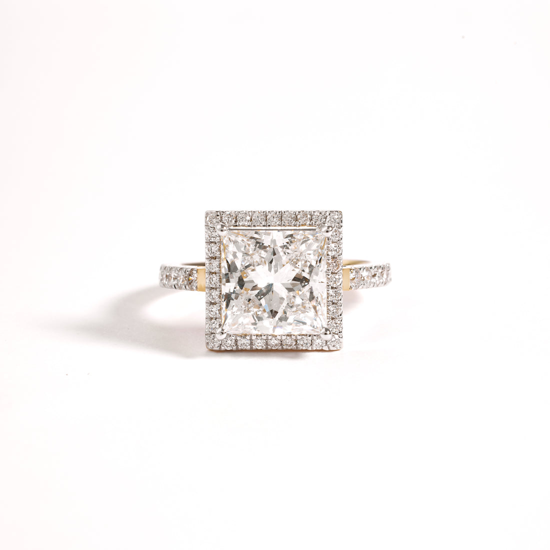 Pave Halo Engagement Ring With Princess Cut Diamond | 2.00-5.00CT | D/E VVS-VS1 | Cathedral High Set Wedding Ring | Gold Side Round Diamonds