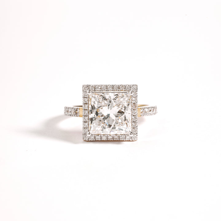 Pave Halo Engagement Ring With Princess Cut Diamond | 2.00-5.00CT | D/E VVS-VS1 | Cathedral High Set Wedding Ring | Gold Side Round Diamonds