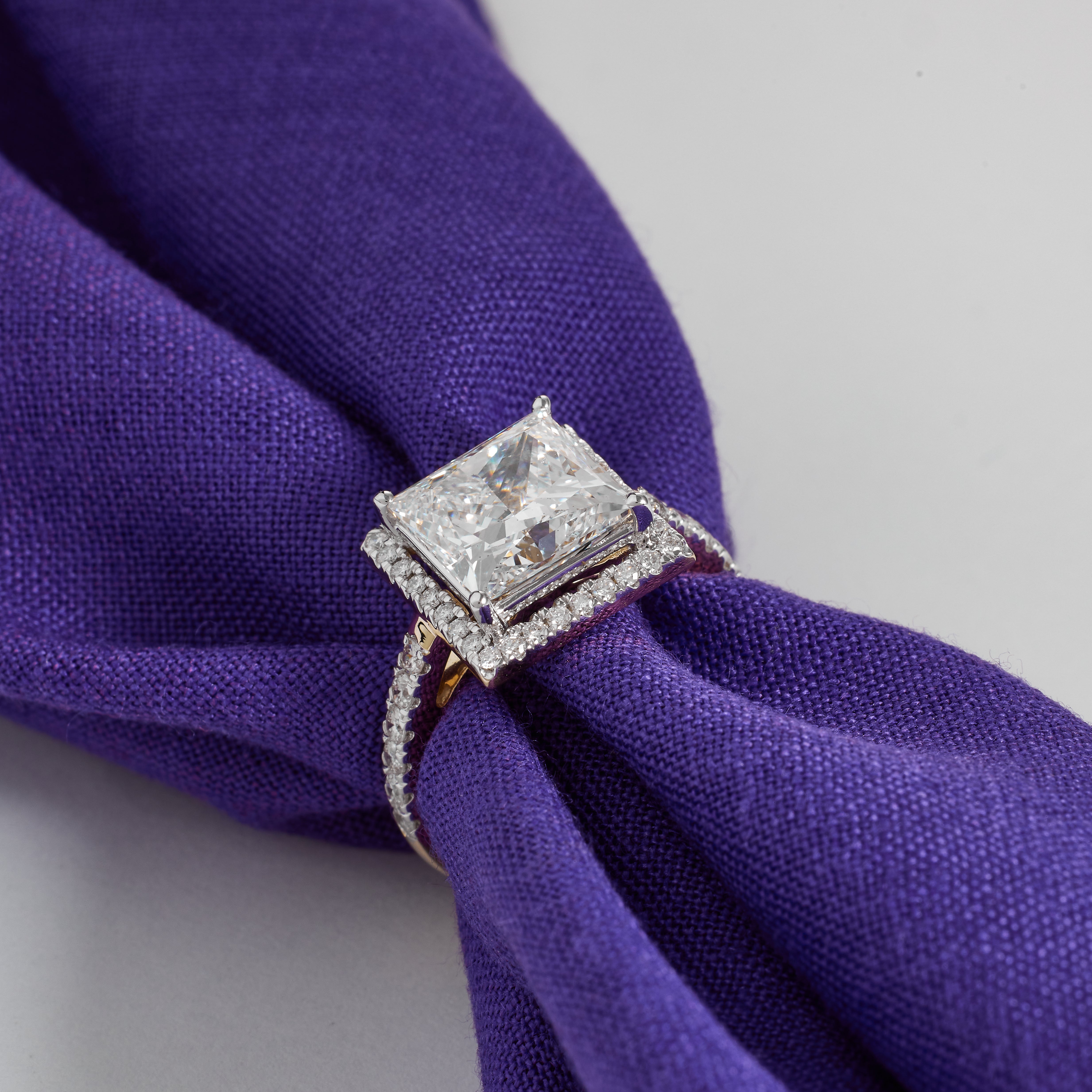 Pave Halo Engagement Ring With Princess Cut Diamond | 2.00-5.00CT | D/E VVS-VS1 | Cathedral High Set Wedding Ring | Gold Side Round Diamonds