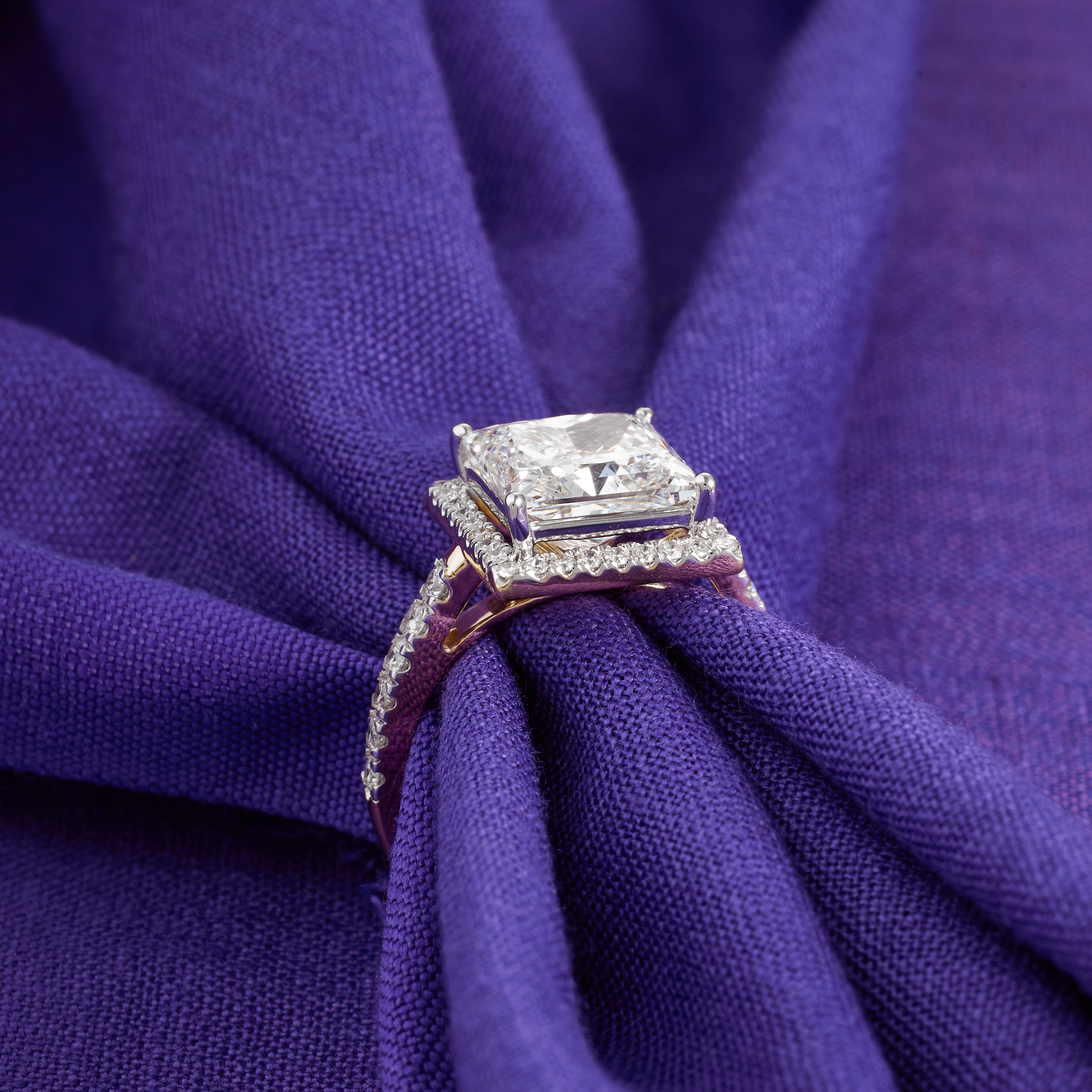 Pave Halo Engagement Ring With Princess Cut Diamond | 2.00-5.00CT | D/E VVS-VS1 | Cathedral High Set Wedding Ring | Gold Side Round Diamonds