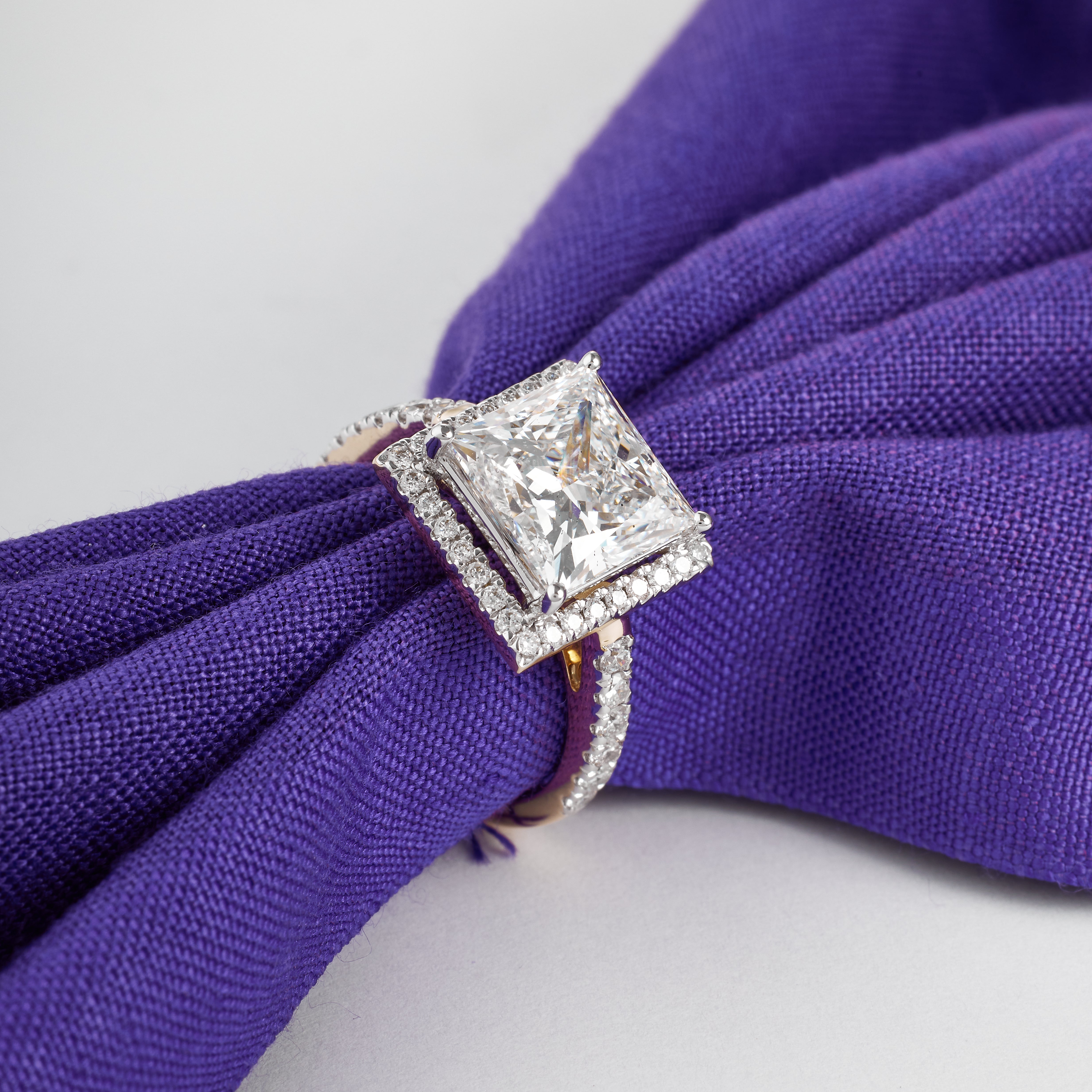 Pave Halo Engagement Ring With Princess Cut Diamond | 2.00-5.00CT | D/E VVS-VS1 | Cathedral High Set Wedding Ring | Gold Side Round Diamonds