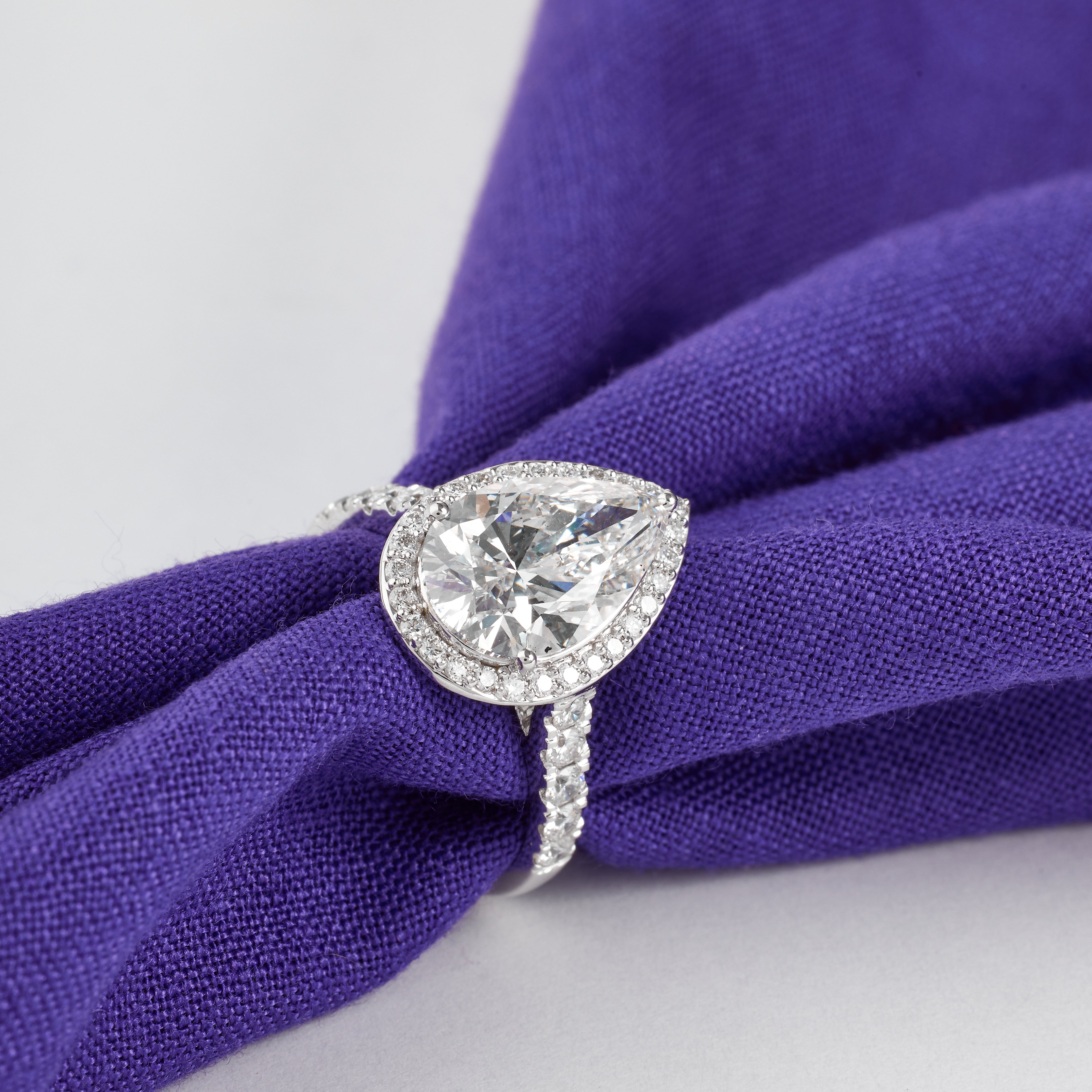 4.00 Carat Pear Cut Diamond Ring | Pear Cut Pave Setting Ring | Halo Engagement Ring | Pear Shaped Engagement Ring | Pear Wedding Ring