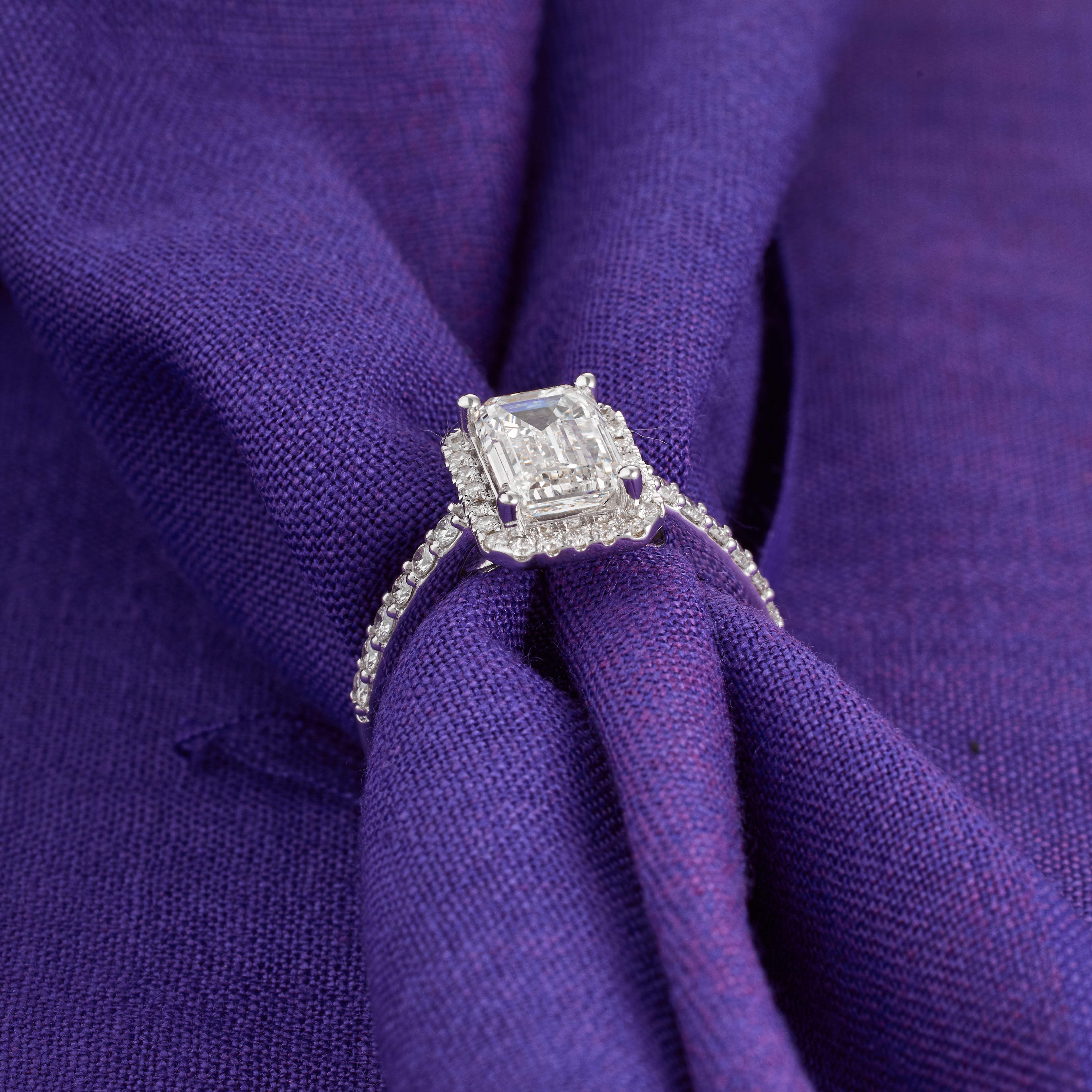 3CT Emerald Cut Diamond Halo Engagement Ring | 14,18K Gold & Platinum Wedding Ring Gift For Her Promise Ring | Petite Pave Halo Diamond Ring