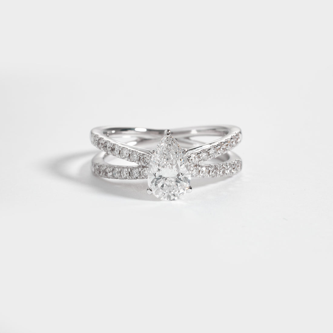 Pear Shaped Lab Grown Diamond Engagement Ring, Split Shank Pave Band, Unique Pear Cut Solitaire Ring, 14K White Gold, Modern Wedding Ring
