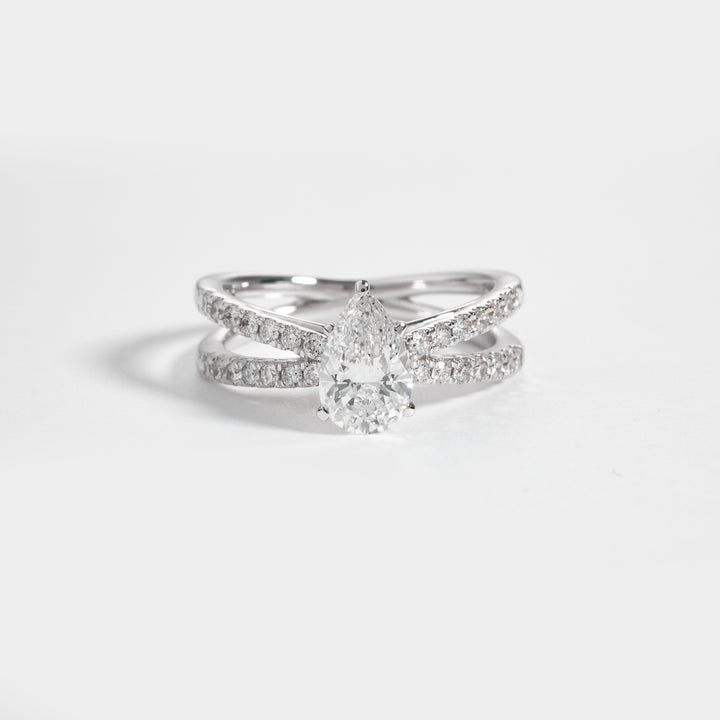Pear Shaped Lab Grown Diamond Engagement Ring, Split Shank Pave Band, Unique Pear Cut Solitaire Ring, 14K White Gold, Modern Wedding Ring