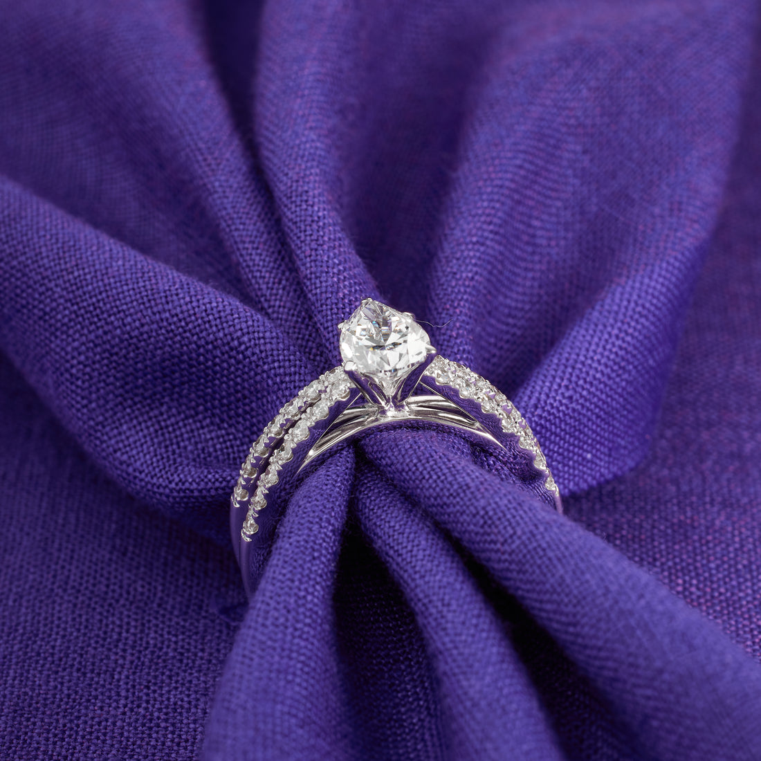 Pear Shaped Lab Grown Diamond Engagement Ring, Split Shank Pave Band, Unique Pear Cut Solitaire Ring, 14K White Gold, Modern Wedding Ring