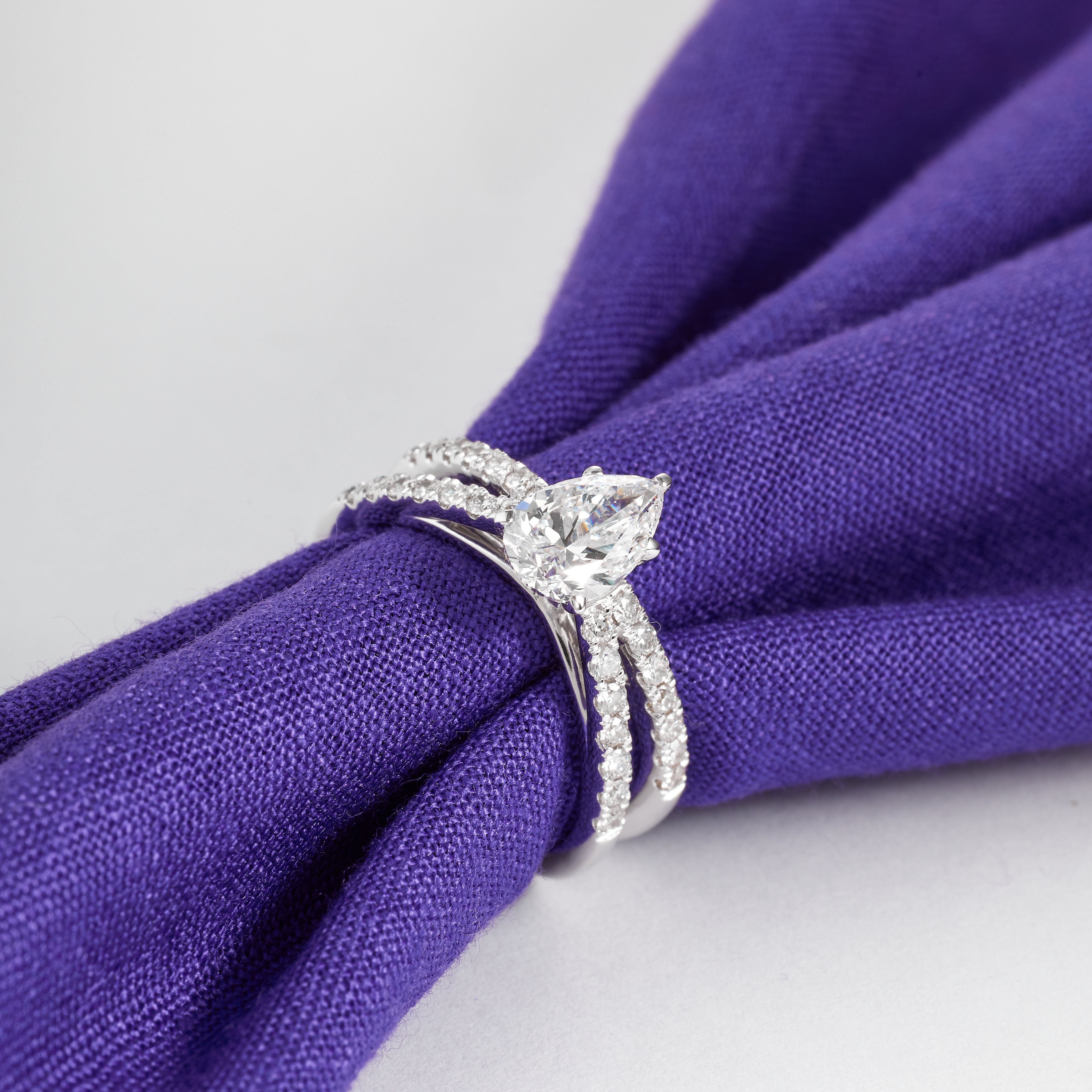 Pear Shaped Lab Grown Diamond Engagement Ring, Split Shank Pave Band, Unique Pear Cut Solitaire Ring, 14K White Gold, Modern Wedding Ring