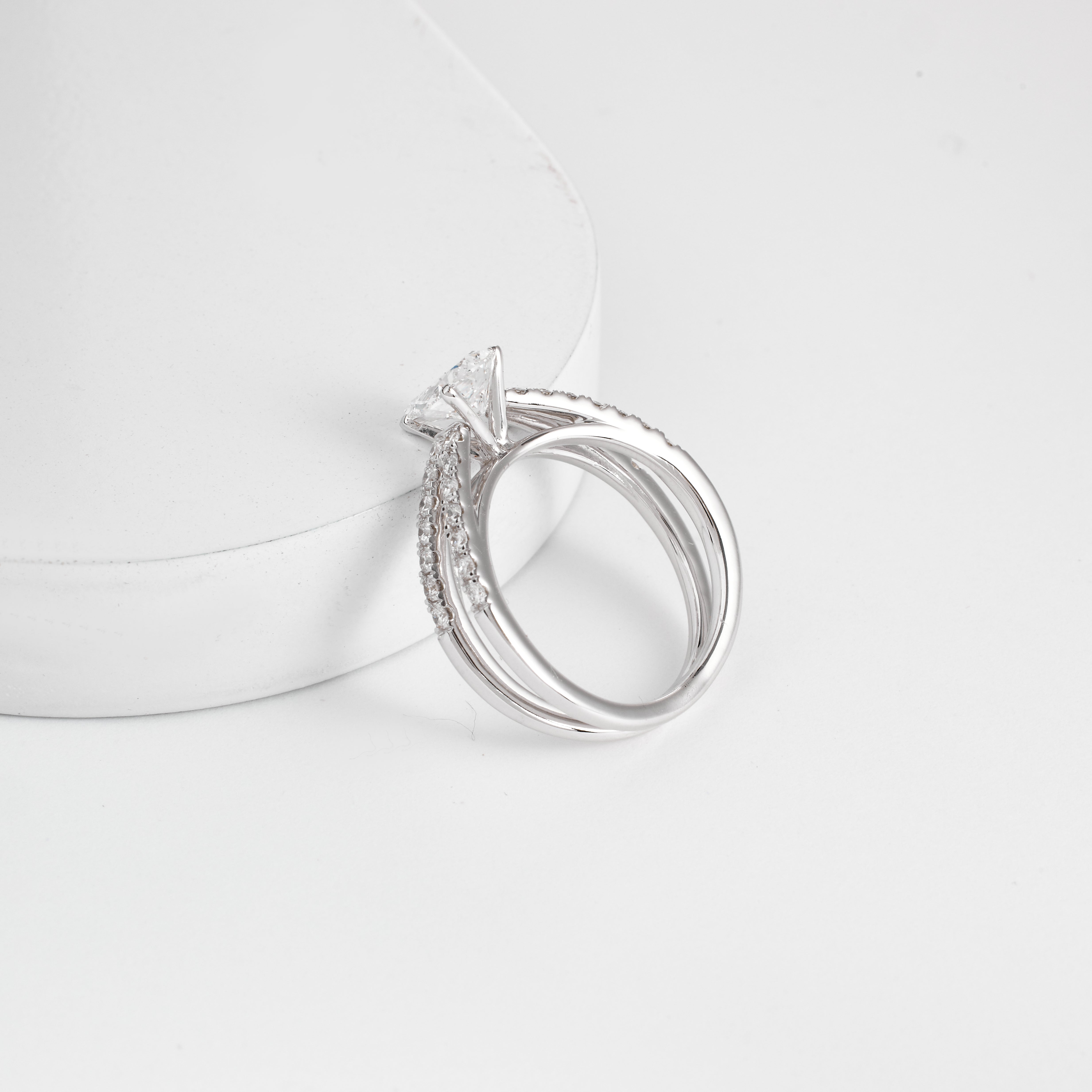 Pear Shaped Lab Grown Diamond Engagement Ring, Split Shank Pave Band, Unique Pear Cut Solitaire Ring, 14K White Gold, Modern Wedding Ring