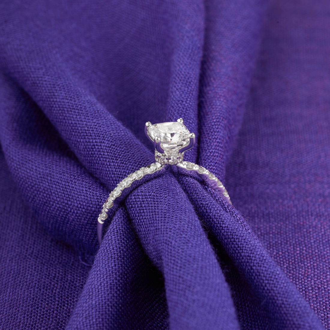 Square Cushion Cut Solitaire Lab Grown Diamond Ring, Hidden Halo Pave Engagement Ring, 2.00 to 5.00 Carat, D/E VVS-VS1 Gold Diamond Ring