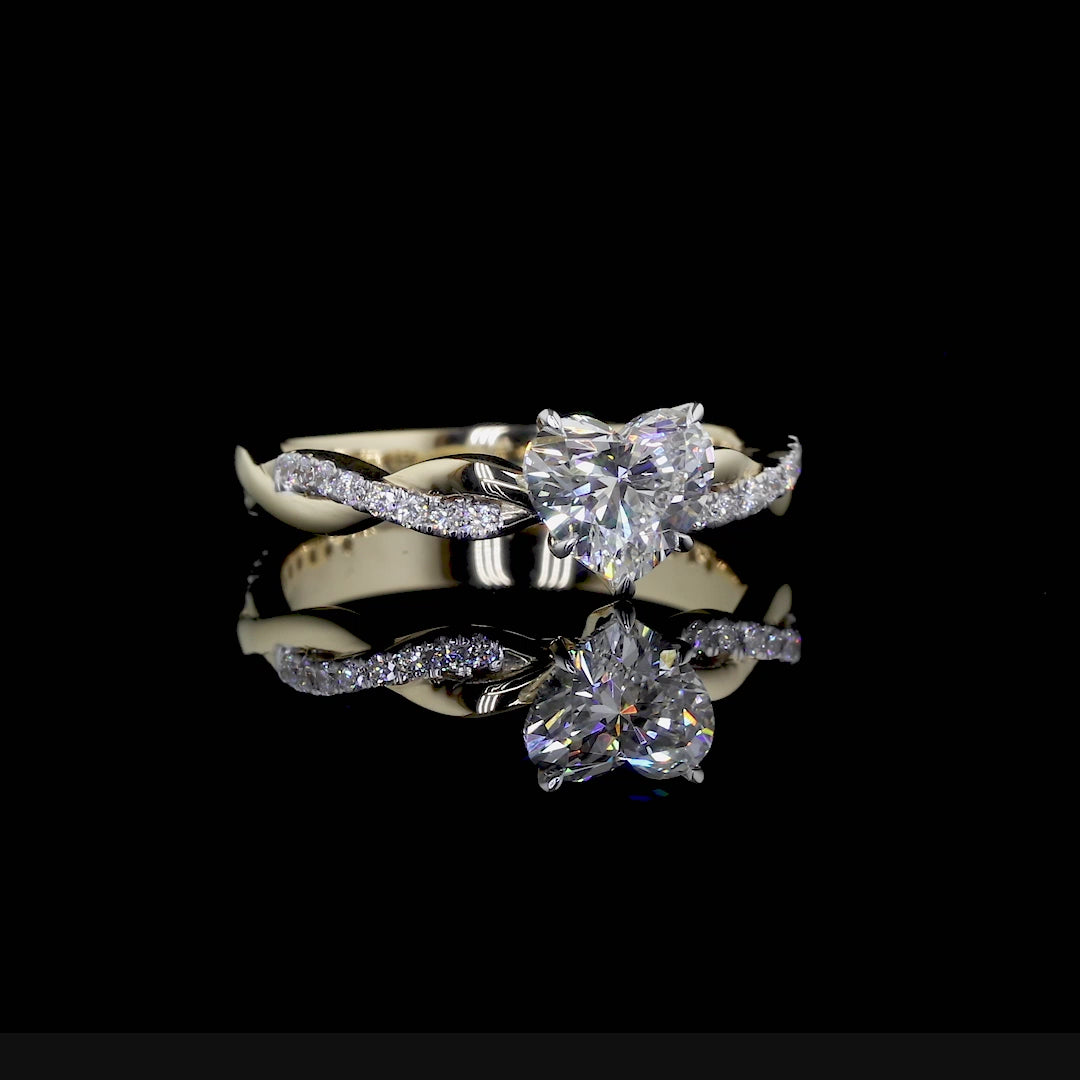 Heart Shaped Lab Grown Diamond Engagement Ring – Twisted Pave Band in 14K Yellow Gold – Unique Romantic Bridal Jewelry, D/E 1.50 to 4.00 CT