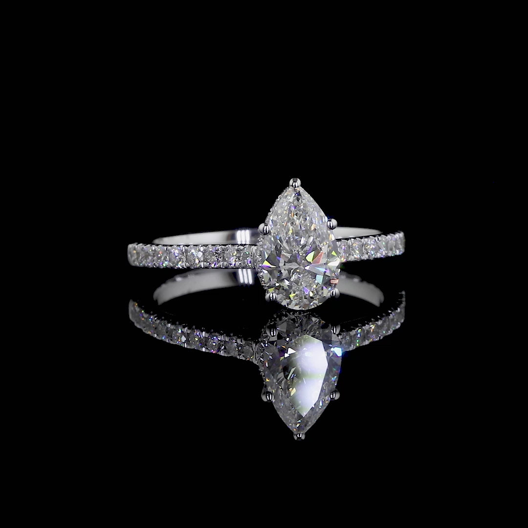 Pear Shape Lab Grown Diamond Hidden Halo Engagement Ring, Pear Cut Lab Created Diamond pave Ring, 2.00-5.00 CT D/E VVS Hidden Halo Pave Ring