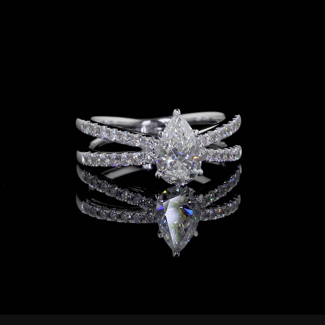 Pear Shaped Lab Grown Diamond Engagement Ring, Split Shank Pave Band, Unique Pear Cut Solitaire Ring, 14K White Gold, Modern Wedding Ring