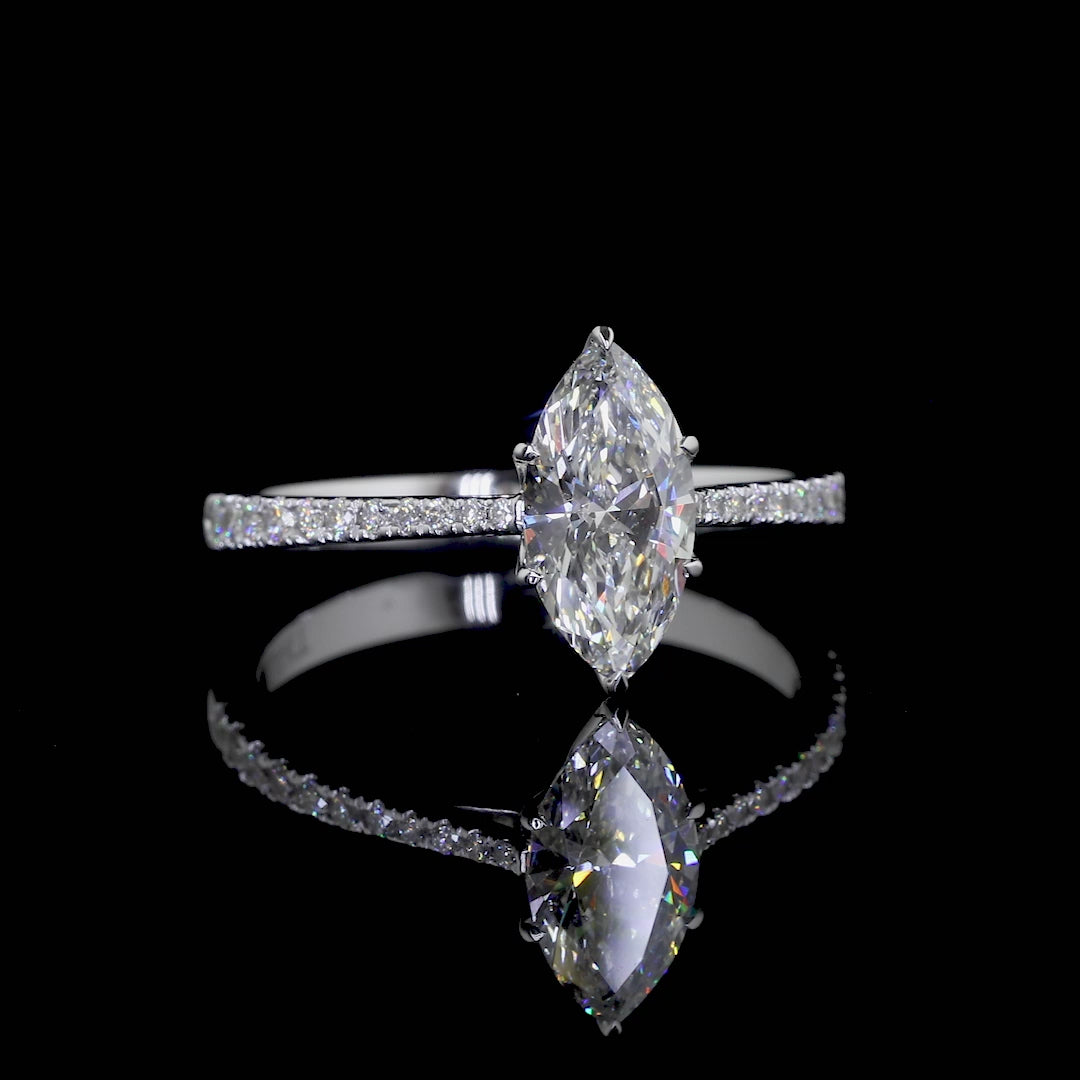 Marquise Cut Diamond Ring | Marquise Pave Engagement Ring in Tulip Basket | 1-4CT D/E Certified Diamond Ring for Woman, Pave Graduating Ring