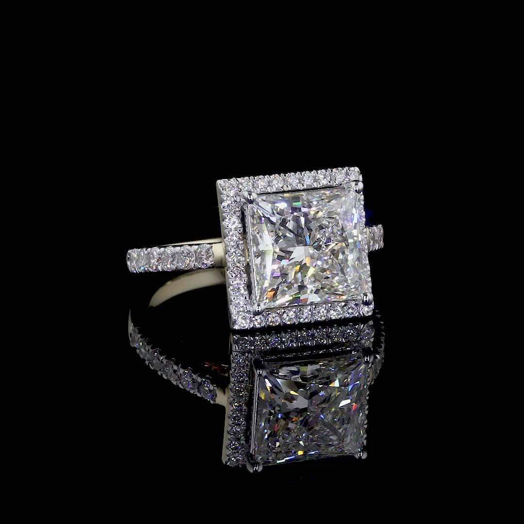 Pave Halo Engagement Ring With Princess Cut Diamond | 2.00-5.00CT | D/E VVS-VS1 | Cathedral High Set Wedding Ring | Gold Side Round Diamonds